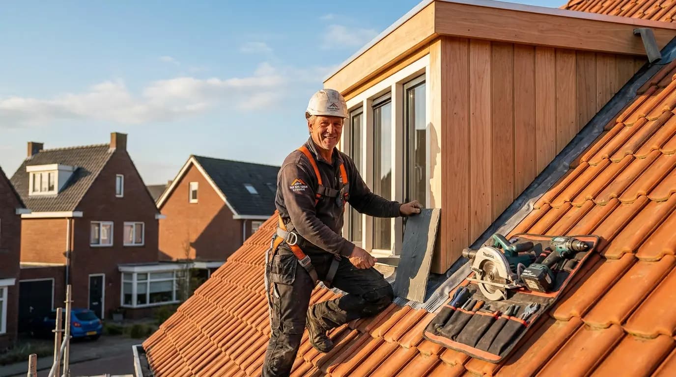 Vakman bezig met dakkapel plaatsen of vervangen in een Nederlandse woning