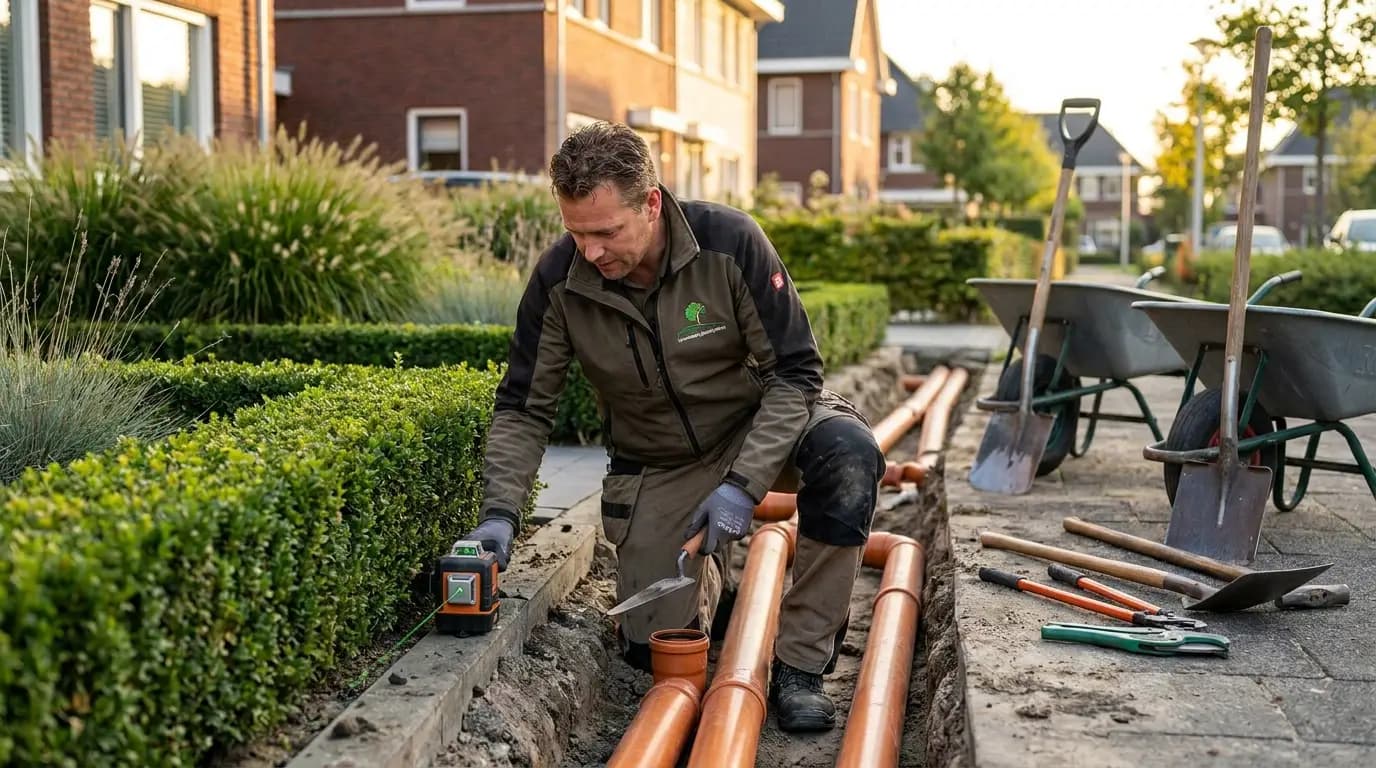 Vakman bezig met drainage aanleggen in een Nederlandse tuin