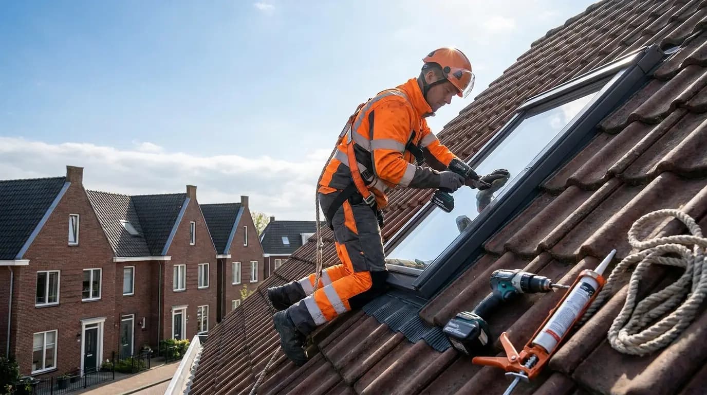 Vakman bezig met het plaatsen van een dakraam in een Nederlandse woning