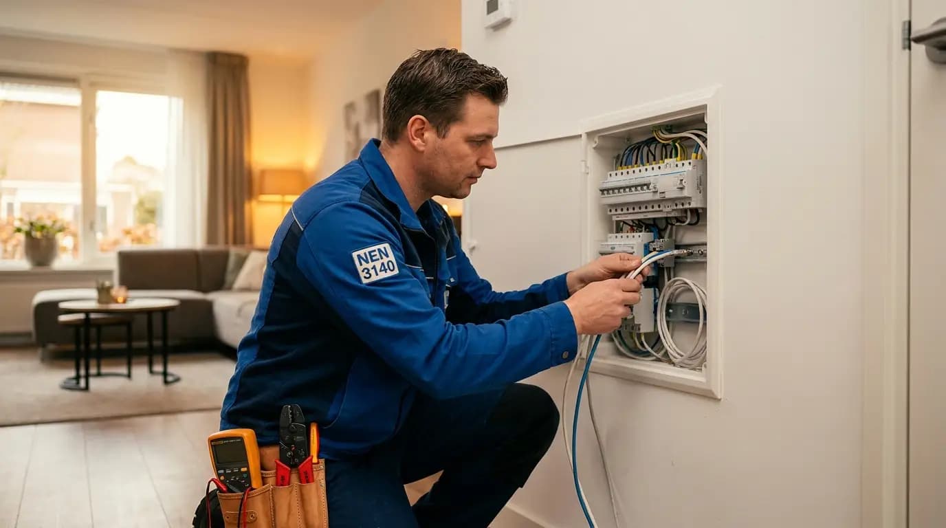 Vakman bezig met databekabeling aanleggen in een Nederlandse woning