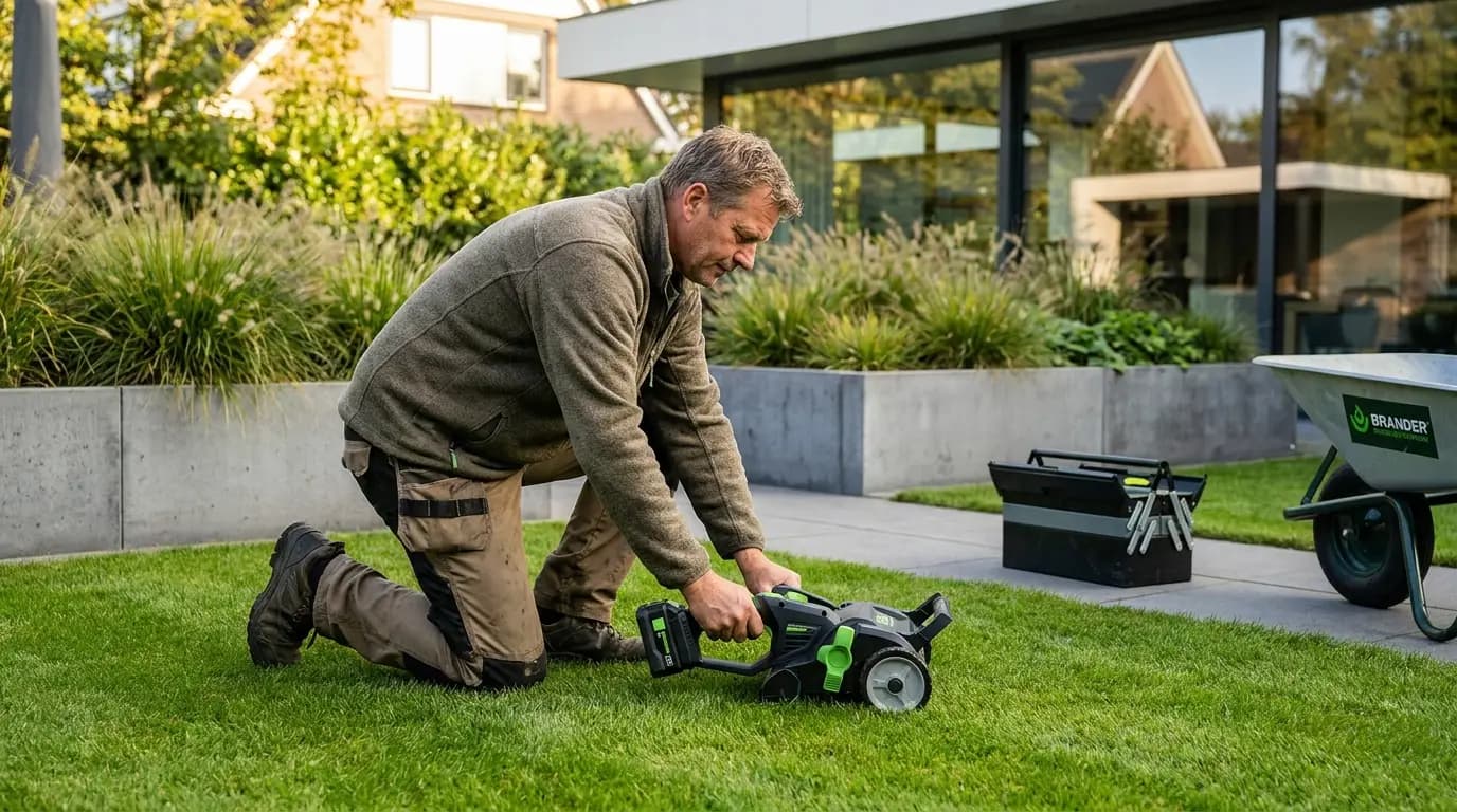 Vakman bezig met gazon onderhoud en renovatie in een Nederlandse tuin