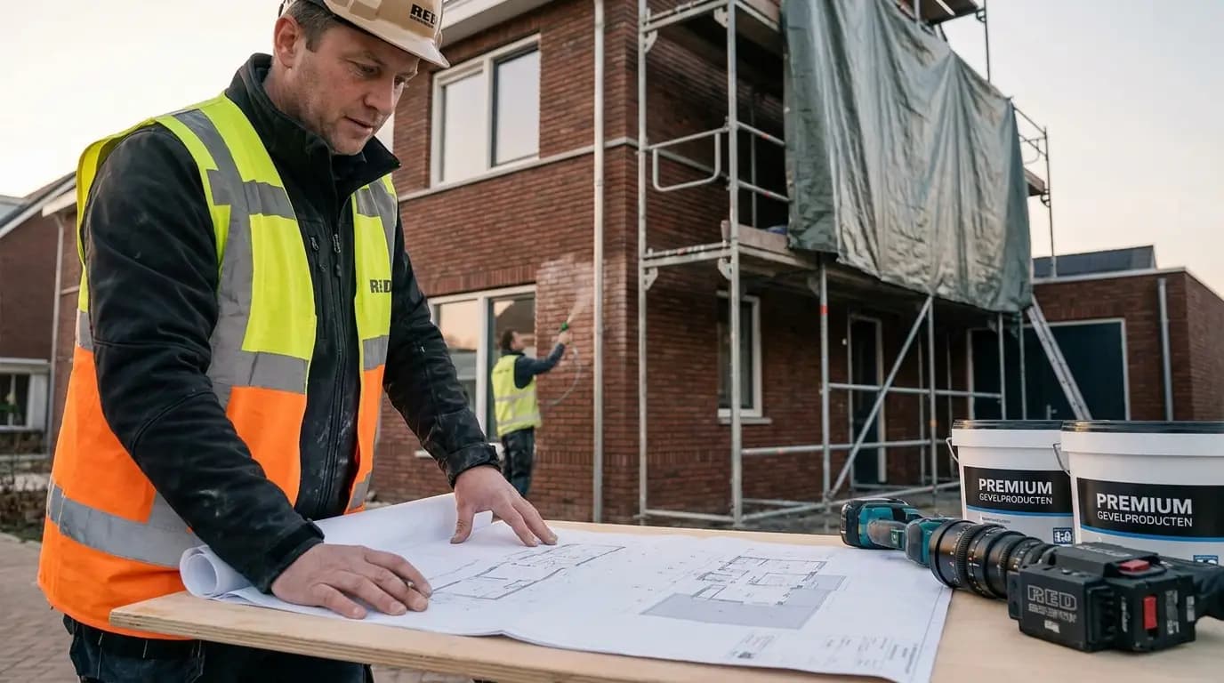Vakman bezig met gevel impregneren in een Nederlandse woning