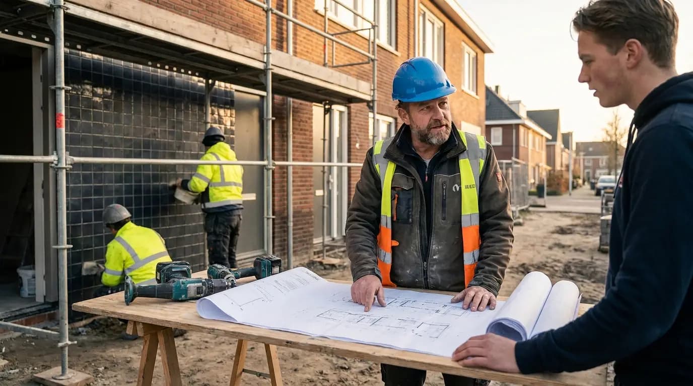 Vakman bezig met gevel of tegels voegen in een Nederlandse woning