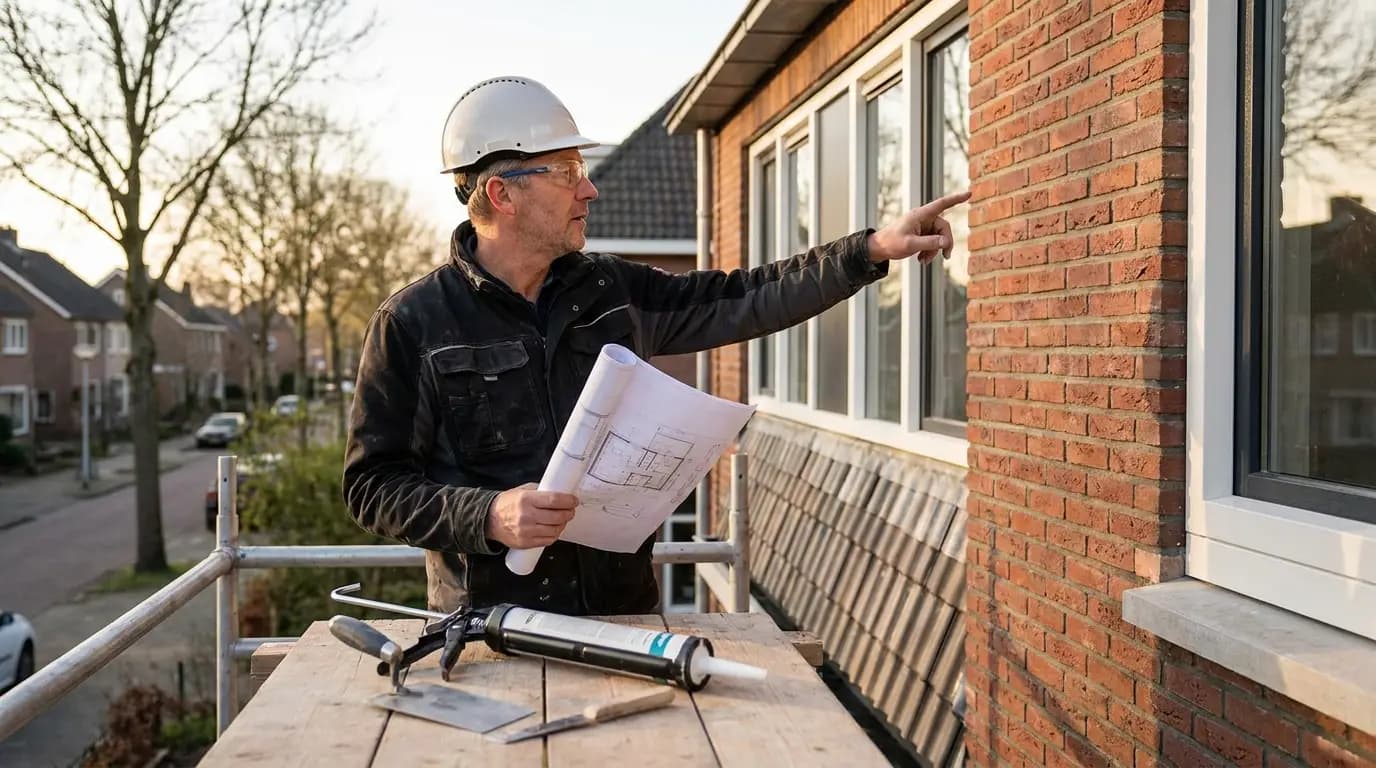 Vakman bezig met gevel of tegels voegen (kitwerk) in een Nederlandse woning