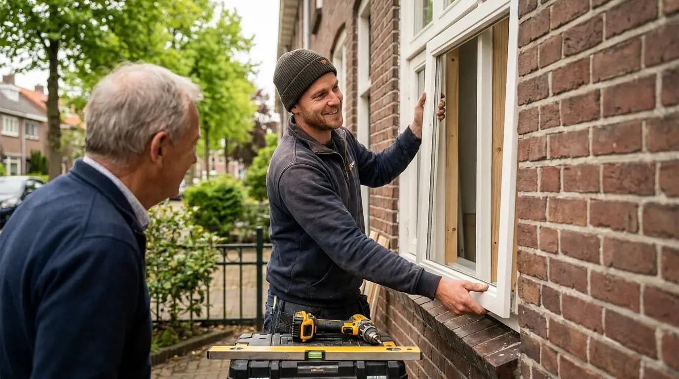 Vakman bezig met glas-in-lood plaatsen in een Nederlandse woning