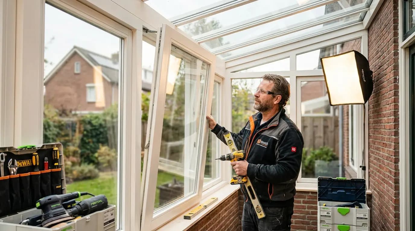 Vakman bezig met glas zetten in serre in een Nederlandse woning