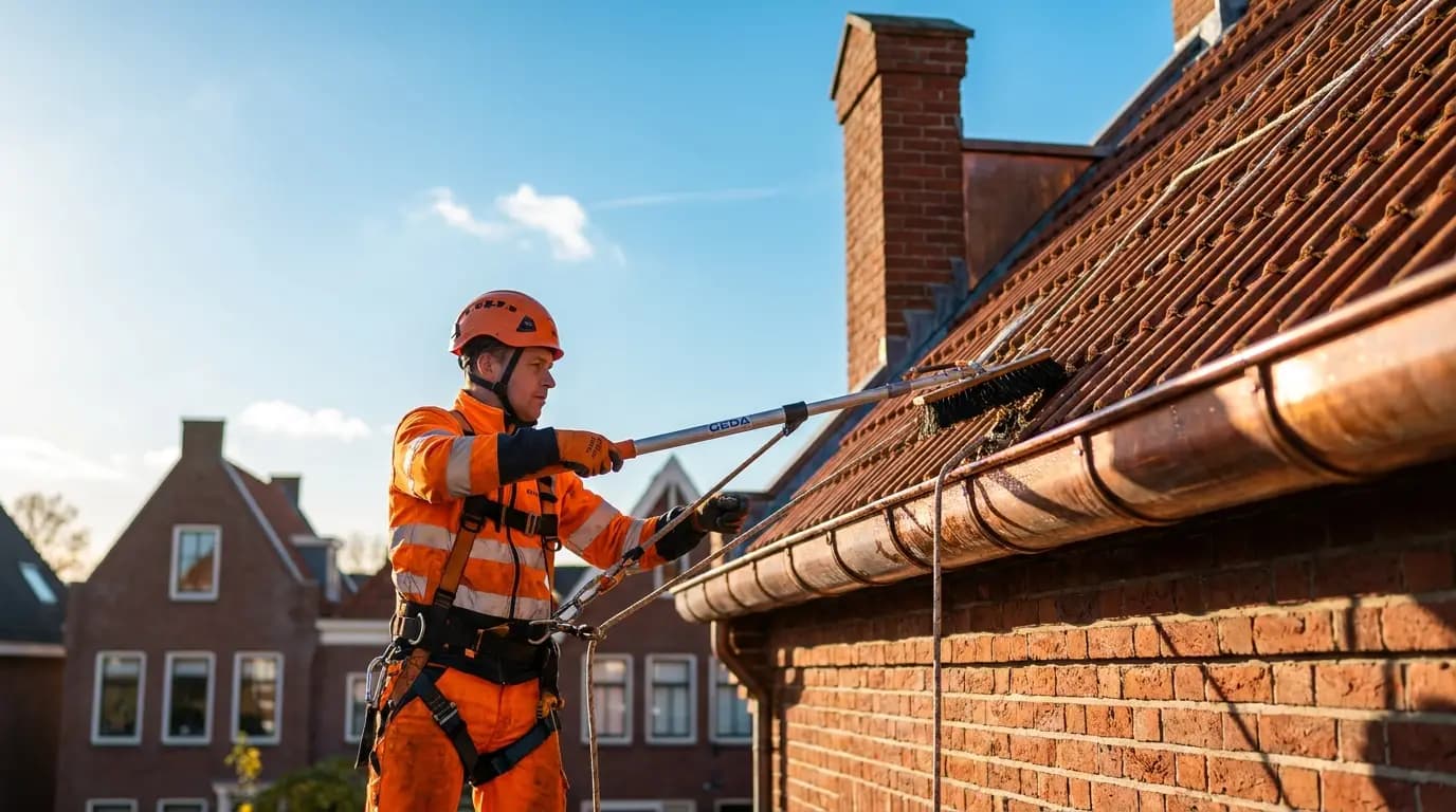 Vakman bezig met goten en regenpijpen schoonmaken in een Nederlandse woning