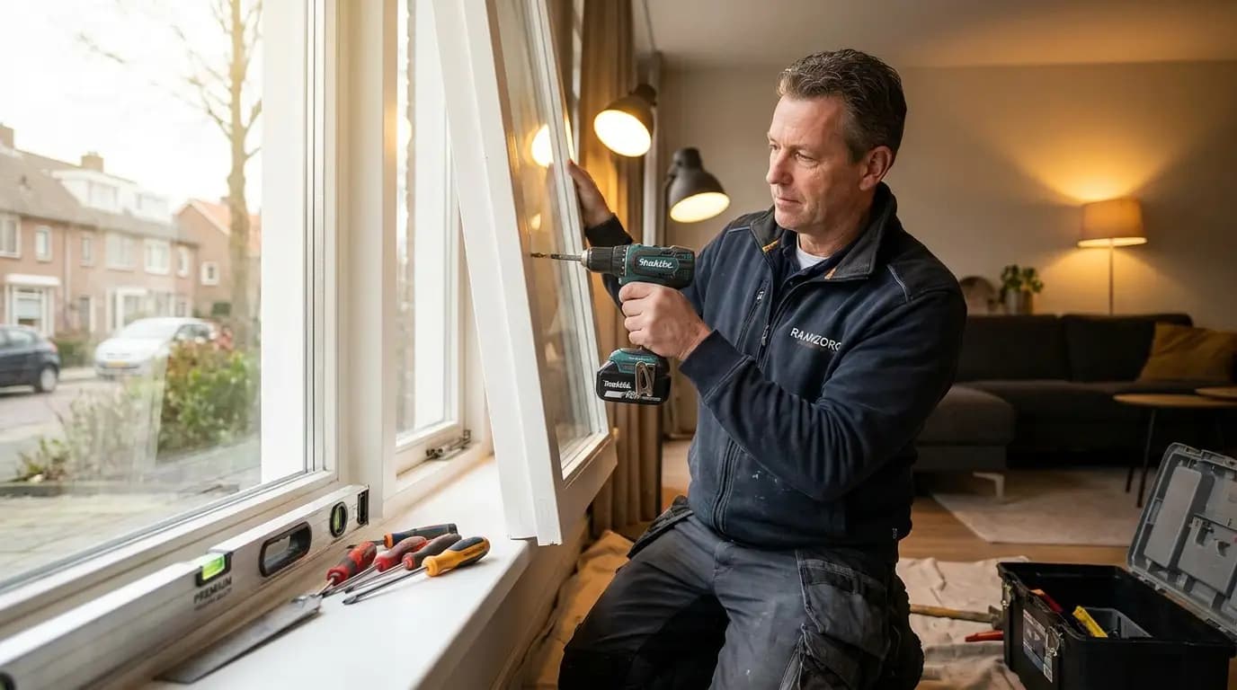 Vakman bezig met hang- en sluitwerk repareren in een Nederlandse woning