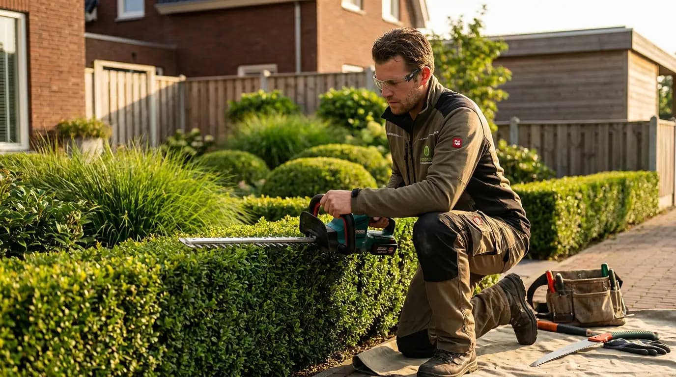 Vakman bezig met haag aanleggen of snoeien in een Nederlandse tuin