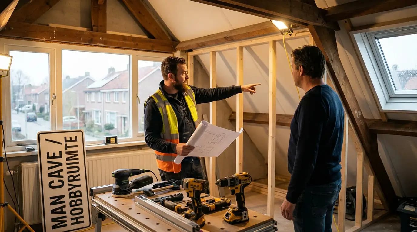 Vakman bezig met het inrichten van een hobbyruimte of man-cave in een Nederlandse woning