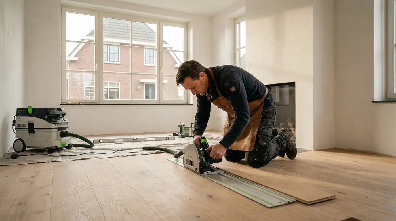 Vakman bezig met houten vloer of parketvloer leggen in een Nederlandse woning
