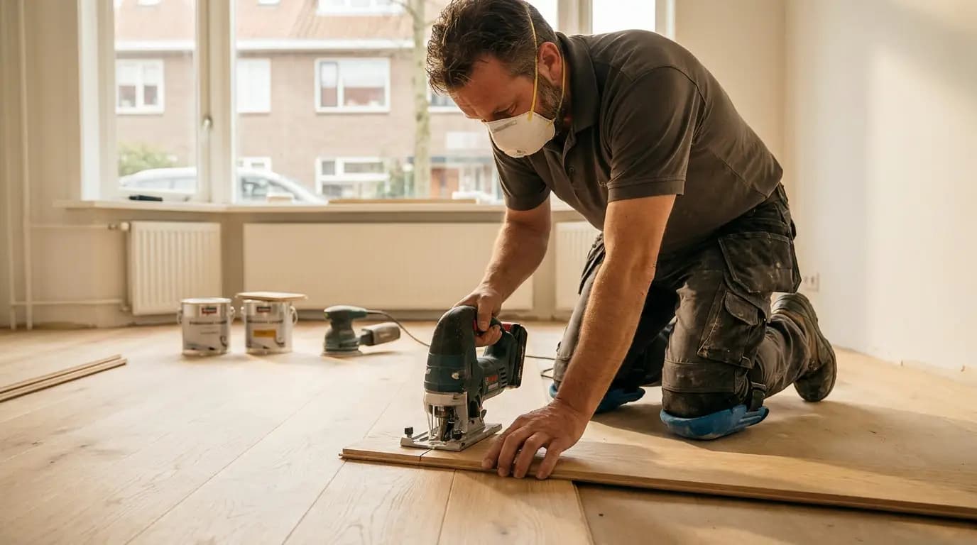 Vakman bezig met houten vloer schuren en lakken in een Nederlandse woning