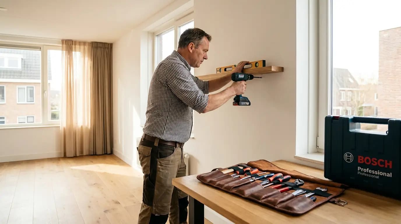 Vakman bezig met iets ophangen of monteren in een Nederlandse woning