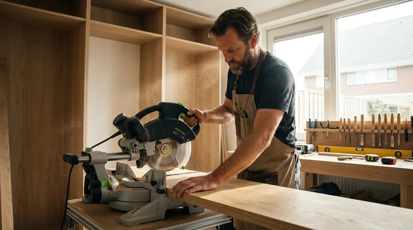 Vakman bezig met inbouwkast op maat maken in een Nederlandse woning