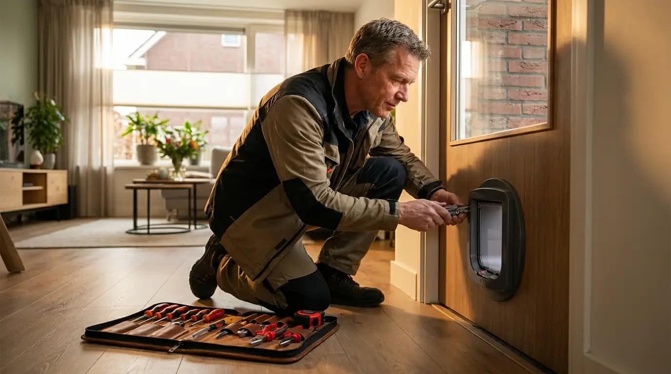 Vakman bezig met kattenluikje plaatsen of verwijderen in een Nederlandse woning