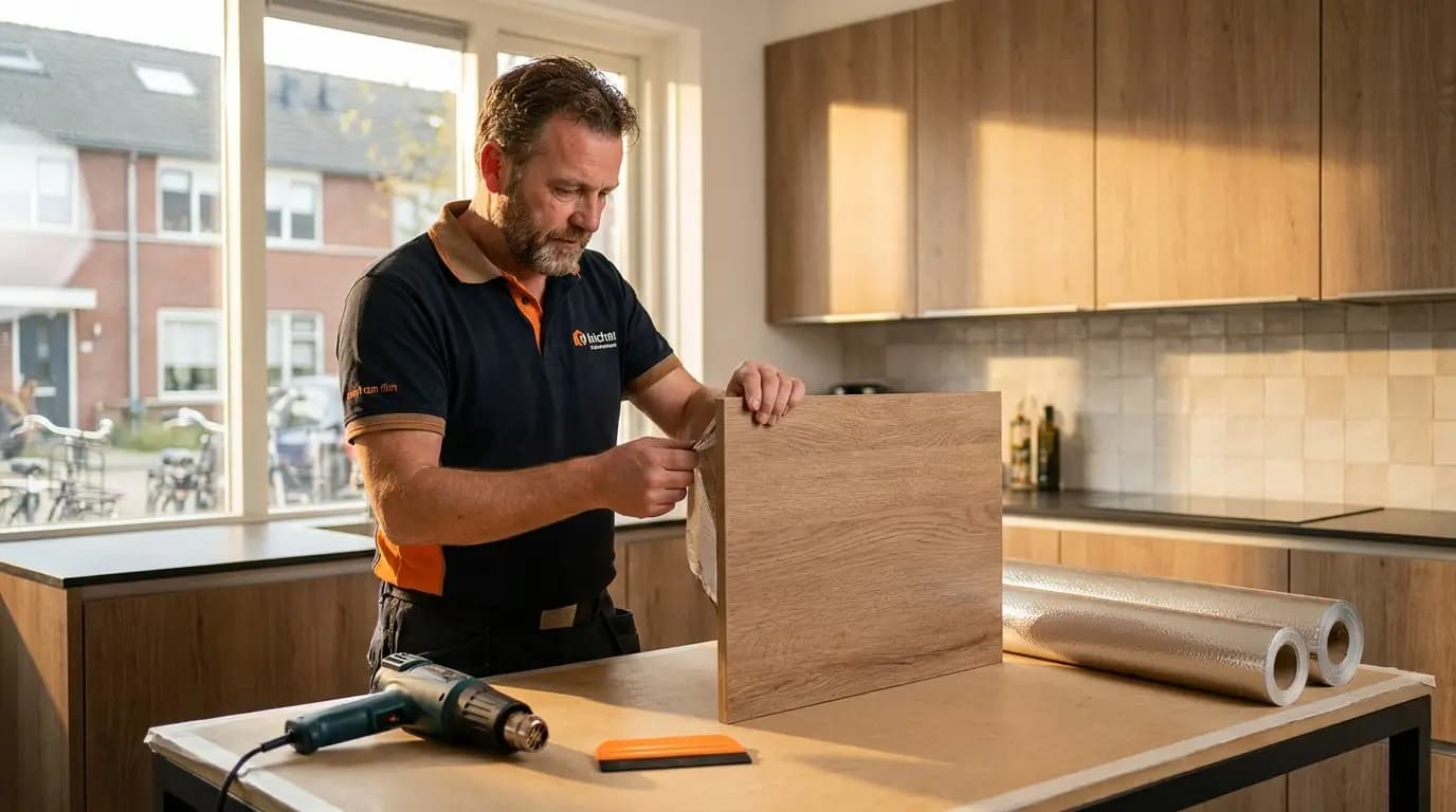 Vakman bezig met keuken wrappen of folie aanbrengen in een Nederlandse woning