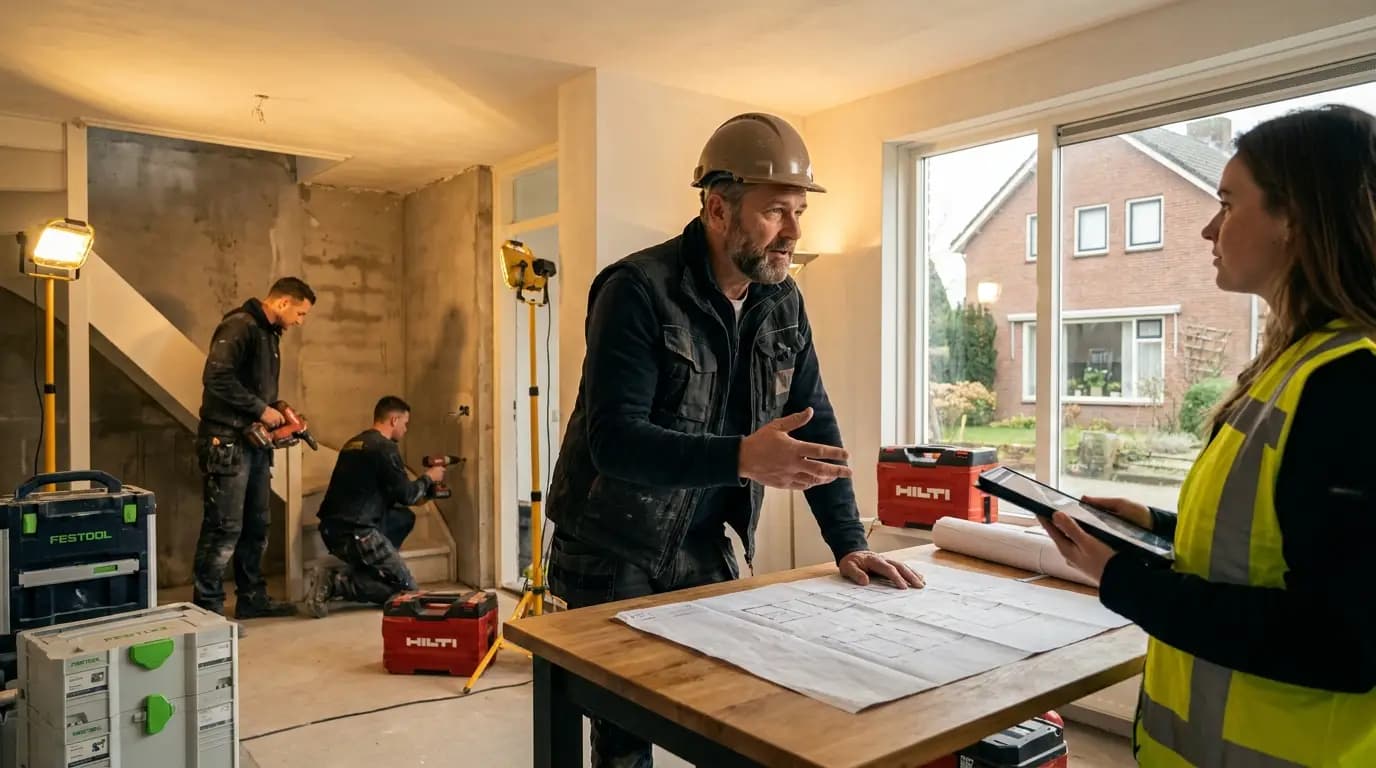 Vakman bezig met kelder aanleggen of renoveren in een Nederlandse woning