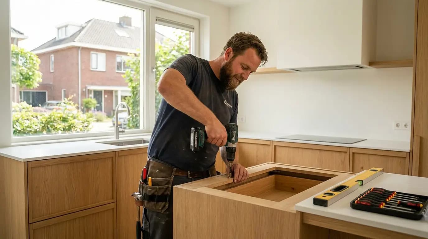 Vakman bezig met keuken demonteren en plaatsen in een Nederlandse woning