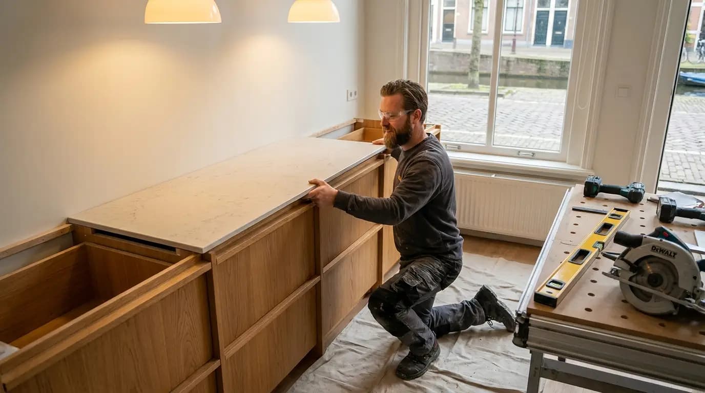 Vakman bezig met keukenblad plaatsen of vervangen in een Nederlandse woning