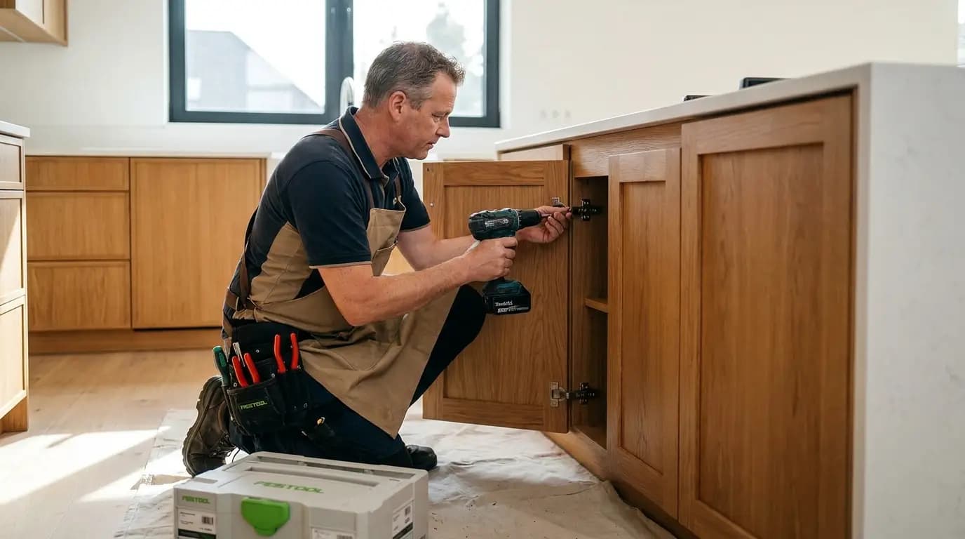 Vakman bezig met keukenkastjes repareren in een Nederlandse woning