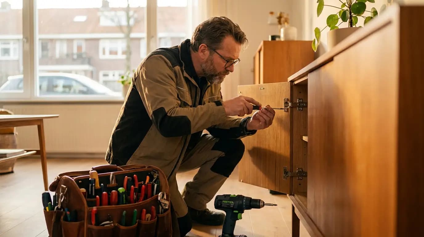 Vakman bezig met kleine herstelwerkzaamheden thuis in een Nederlandse woning
