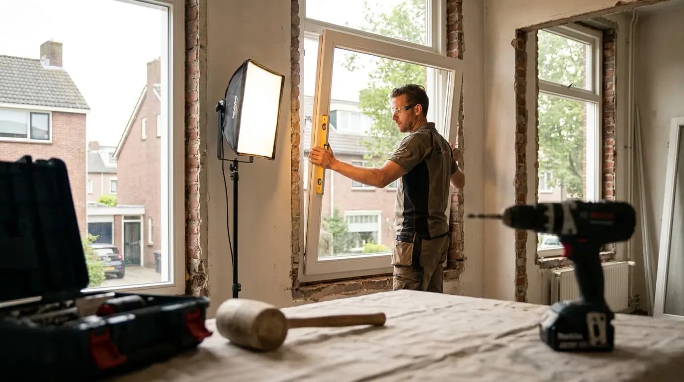Vakman bezig met kozijnen of plafondlijsten plaatsen in een Nederlandse woning