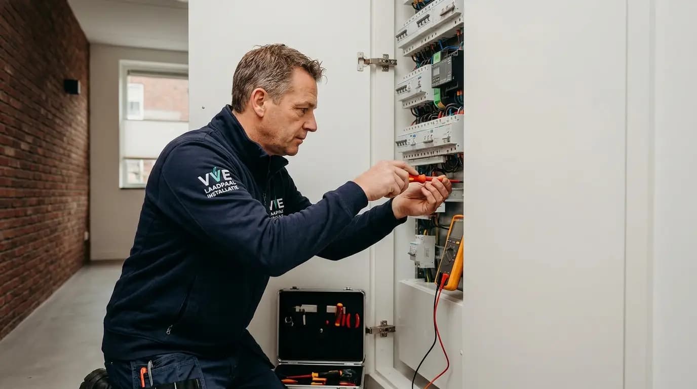 Vakman bezig met het installeren van een laadpaal voor bedrijf of VvE in Nederland