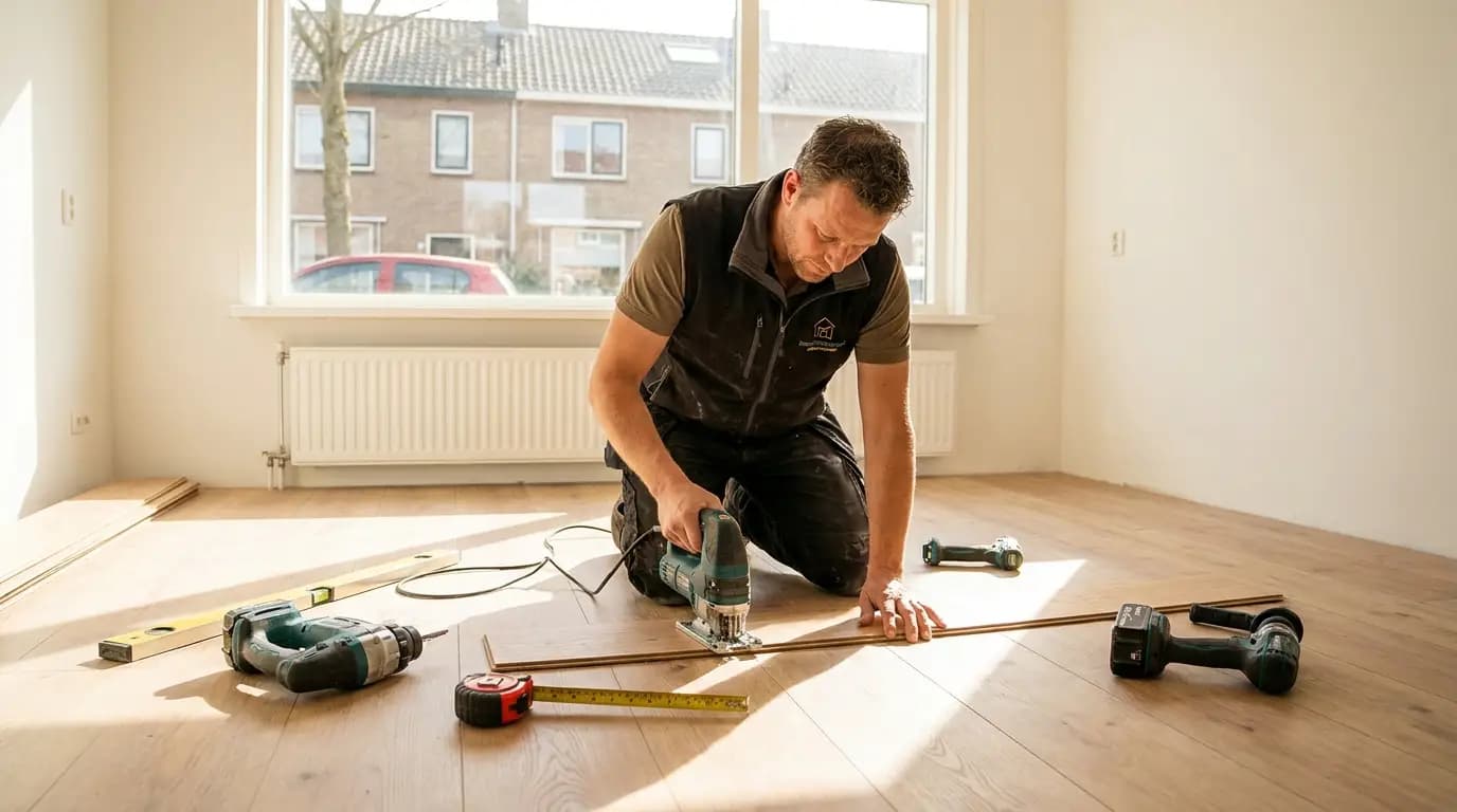 Vakman bezig met kurk of bamboe vloer leggen in een Nederlandse woning