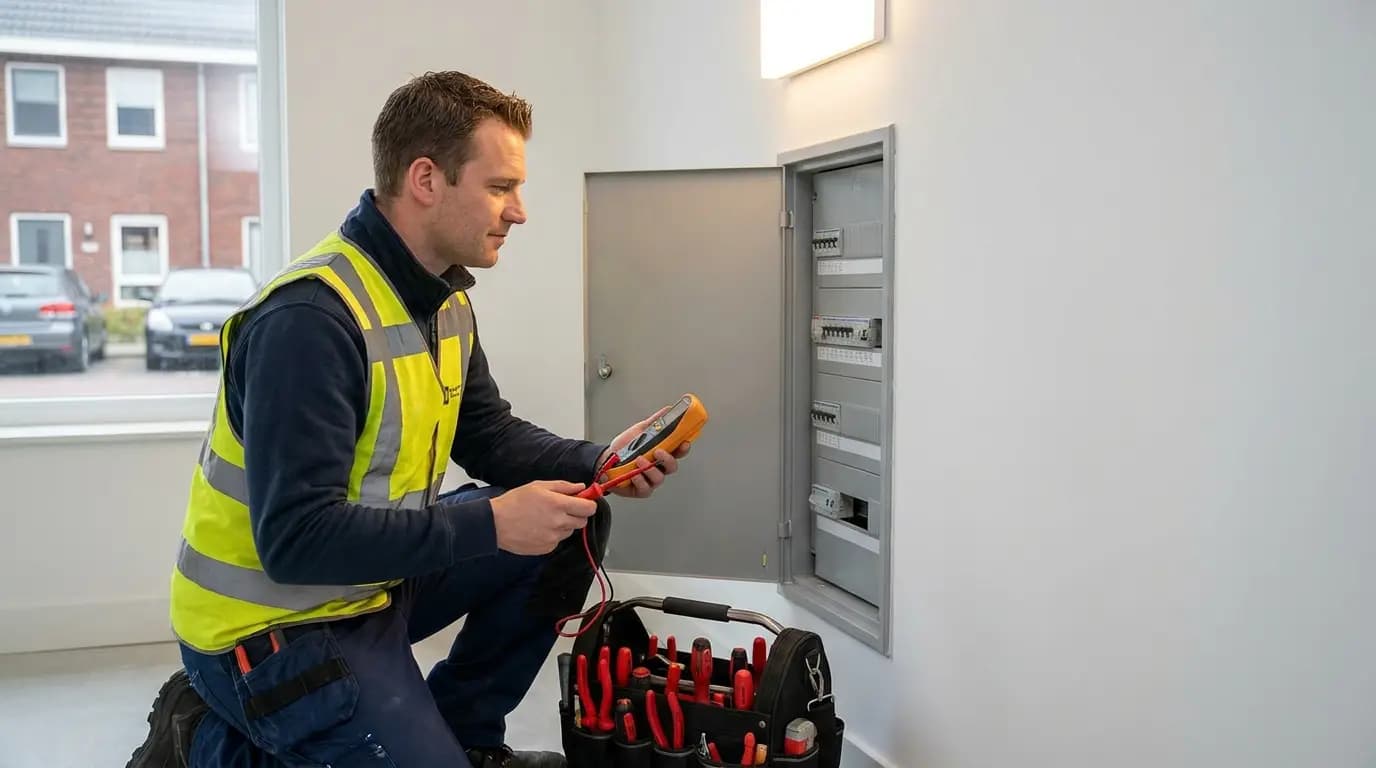 Vakman bezig met laadpaal repareren of storing verhelpen in een Nederlandse woning