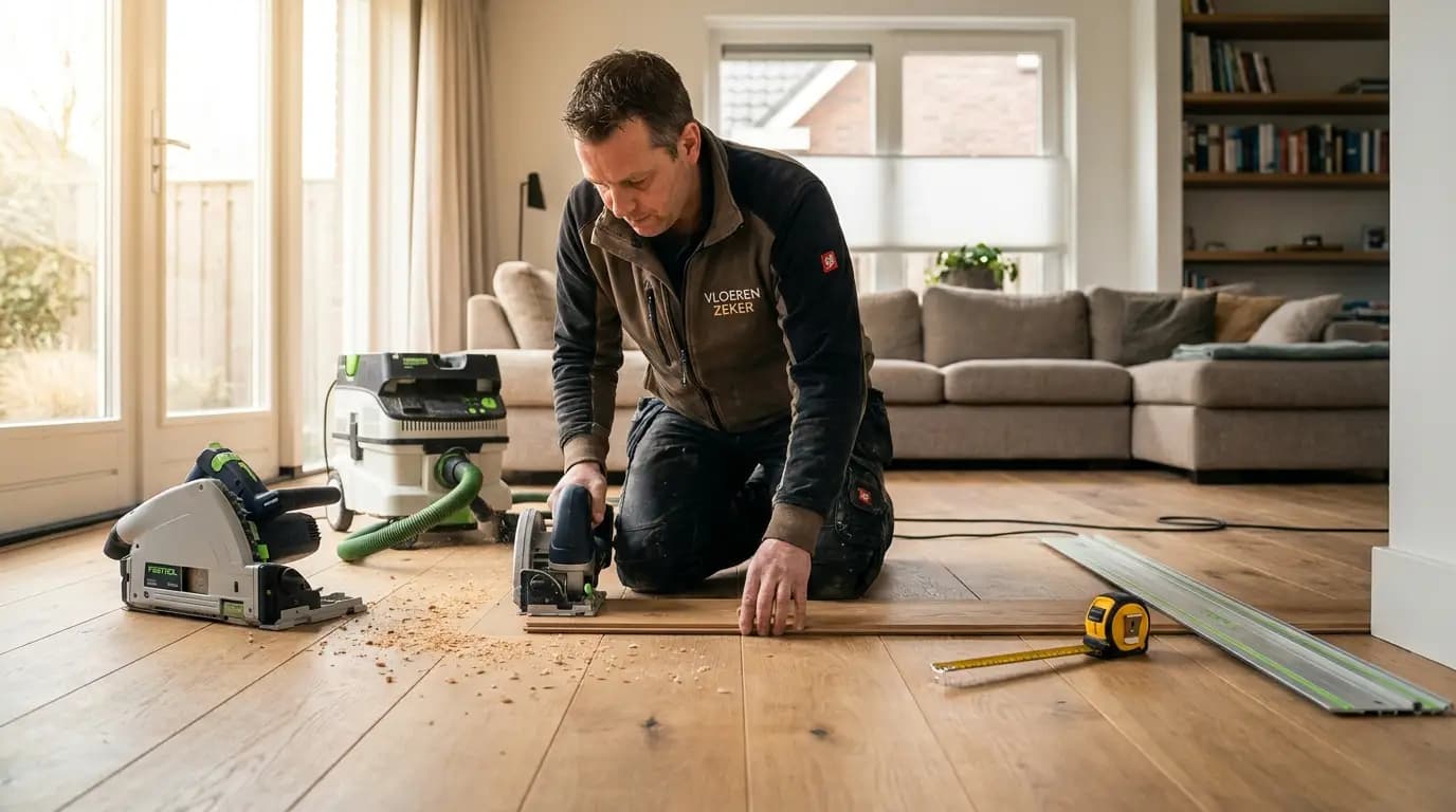 Vakman bezig met laminaat of houten vloer leggen in een Nederlandse woning