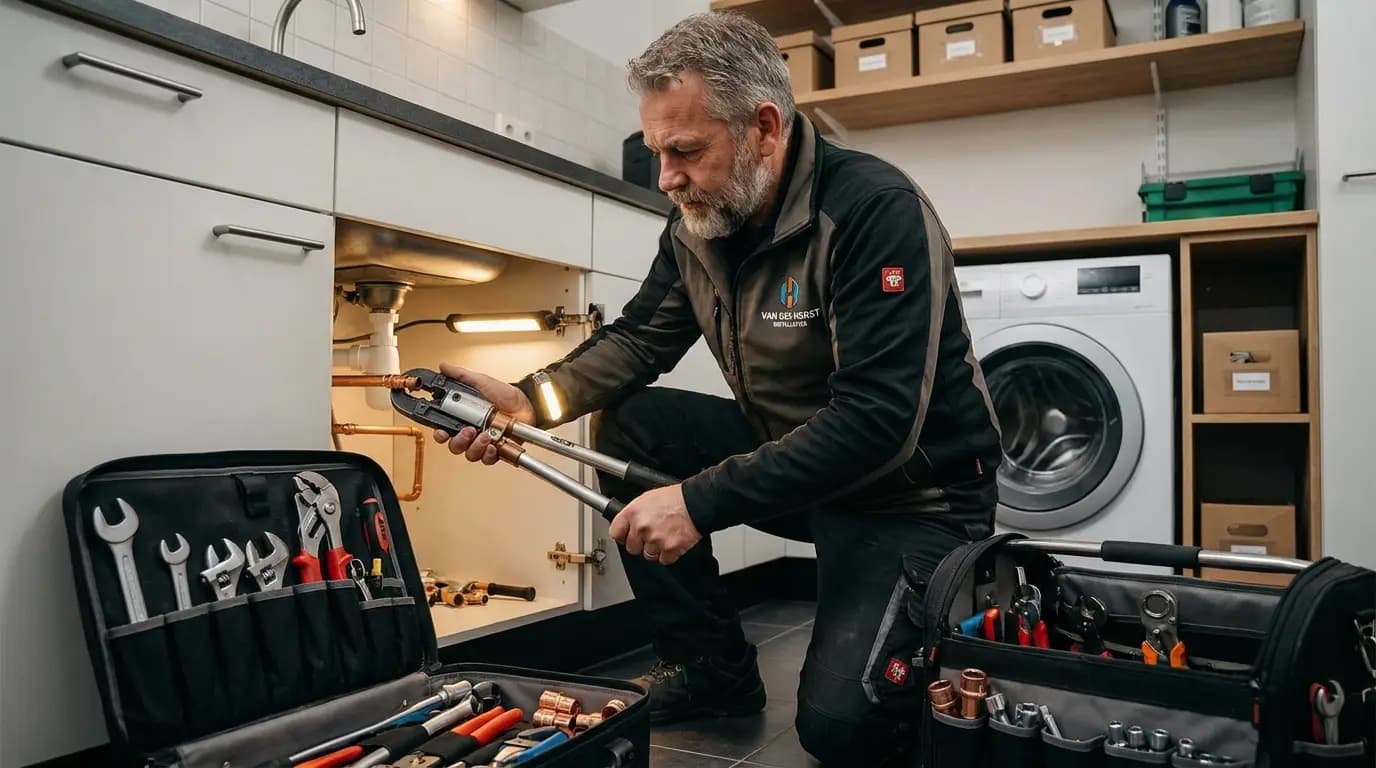 Vakman bezig met leidingen in de keuken verleggen in een Nederlandse woning