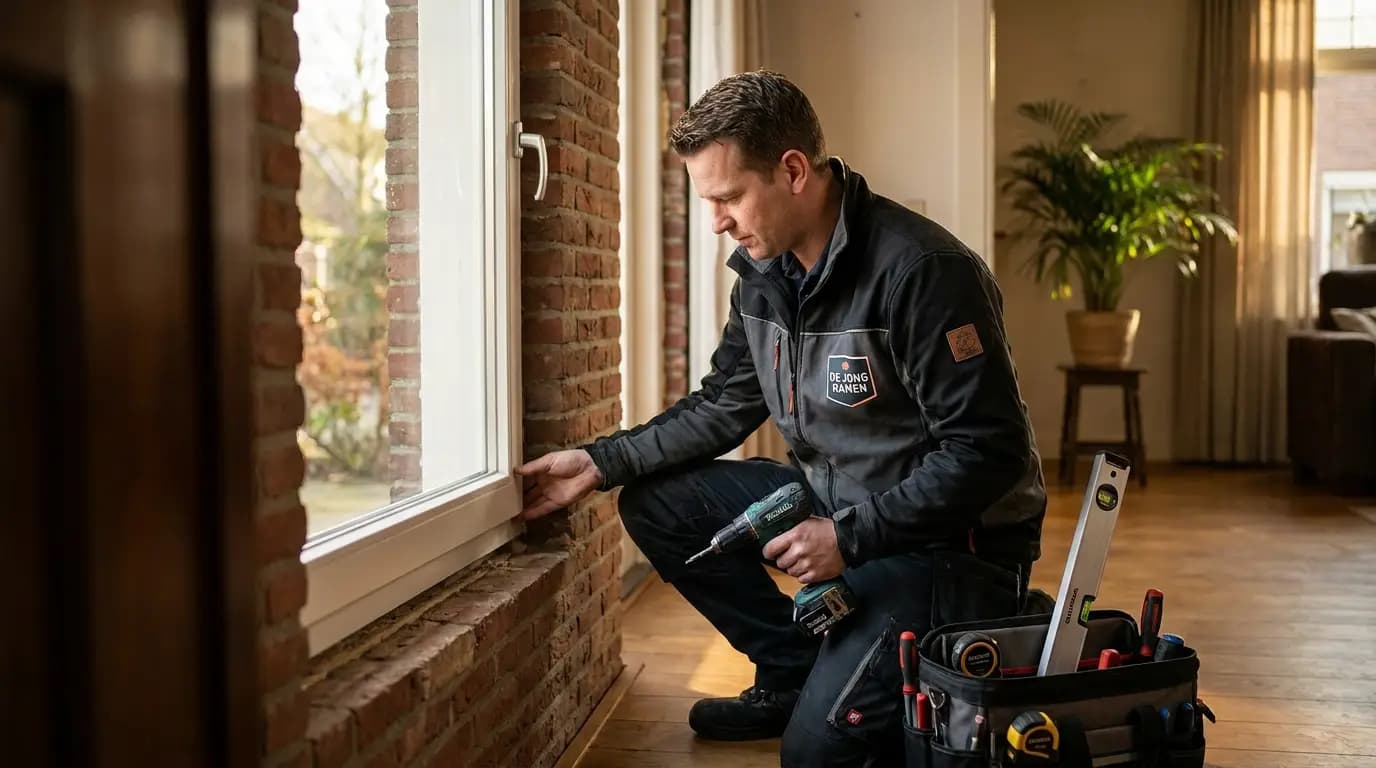 Vakman bezig met luiken repareren in een Nederlandse woning