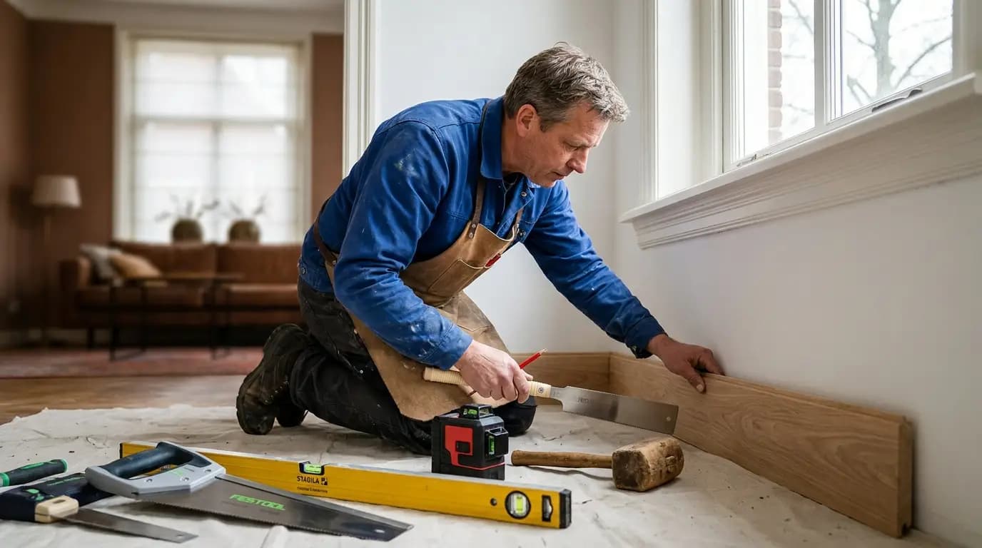 Vakman bezig met plinten plaatsen of vervangen in een Nederlandse woning
