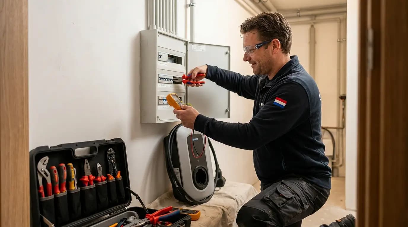 Vakman bezig met laadpaal vervangen of upgraden bij een Nederlandse woning