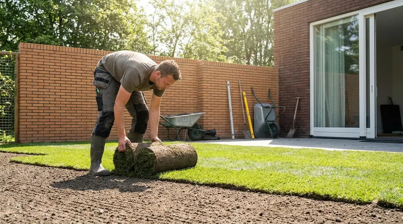 Vakman bezig met gras leggen of zaaien in een Nederlandse tuin