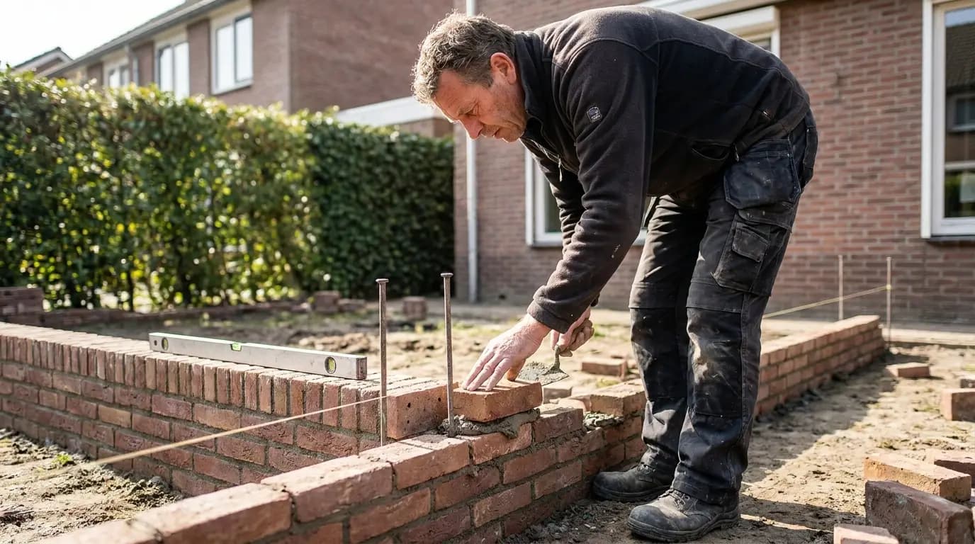Metselaar bouwt een tuinmuur van baksteen in een Nederlandse tuin
